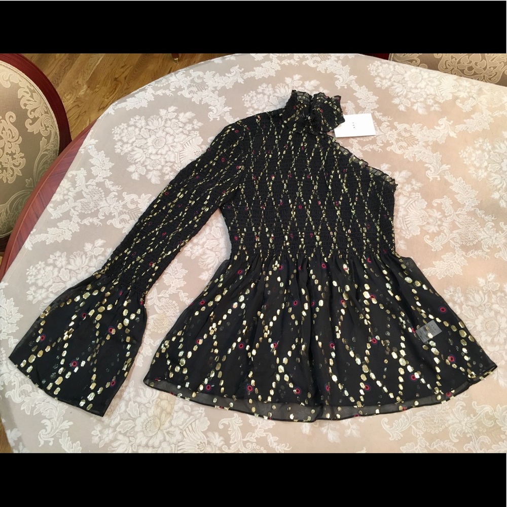 A.L.C. One shoulder one sleeve silk metallic gold thread mock neck top sz.0 - Picture 9 of 15